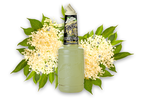 Elderflower cocktail mix with elderflowers in the background.
