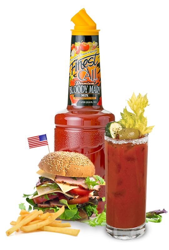A bloody mary mix for mixed drinks surrounded by a hamburger and bloody mary.